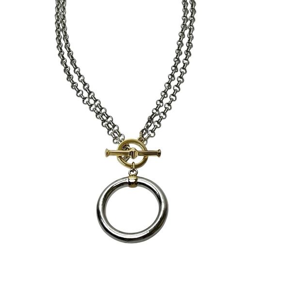 Talbots Necklace Silver Tone Round Pendant Double Chain Toggle Gold Tone T Bar - Picture 1 of 10